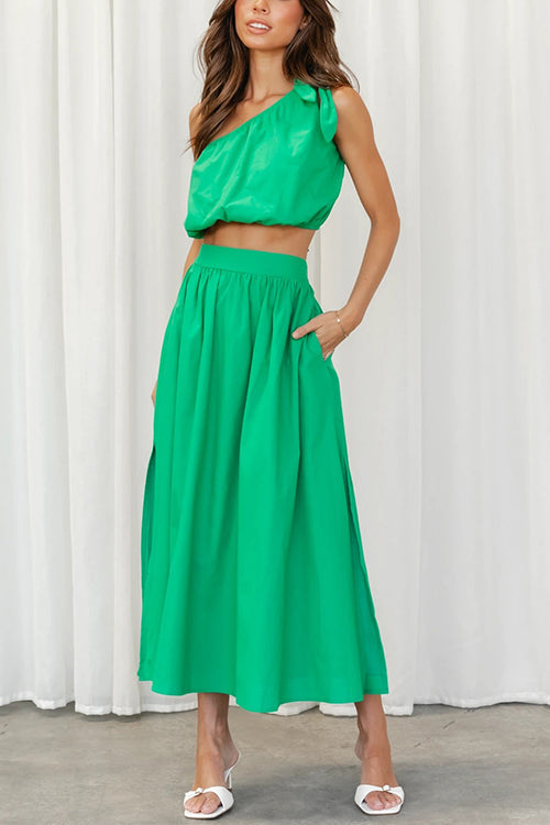 One Shoulder Crop Maxi Skirts Set