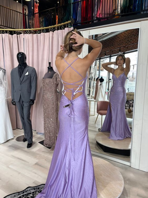 Charming Mermaid Straps Slit Beaded Backless Lilac Prom Dress cc1368