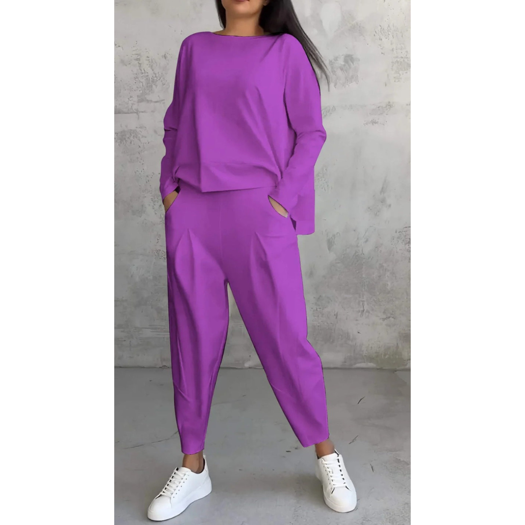 Boat Neck Long Sleeve Top and Tapered Pants Two Piece Set