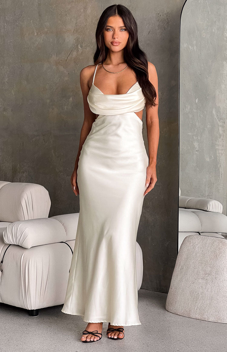 Satin Cowl Neck Cut Out Waist Spaghetti Strap Maxi Dress 8