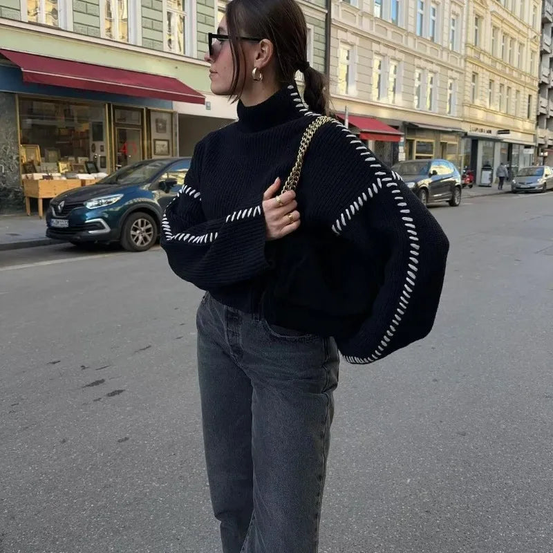 Turtleneck Contrast Whipstitch Trim Balloon Sleeve Oversized Sweater