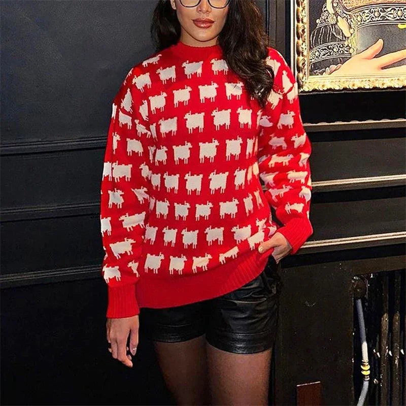 Sheep Print Crew Neck Long Sleeve Oversized Knit Sweater 2