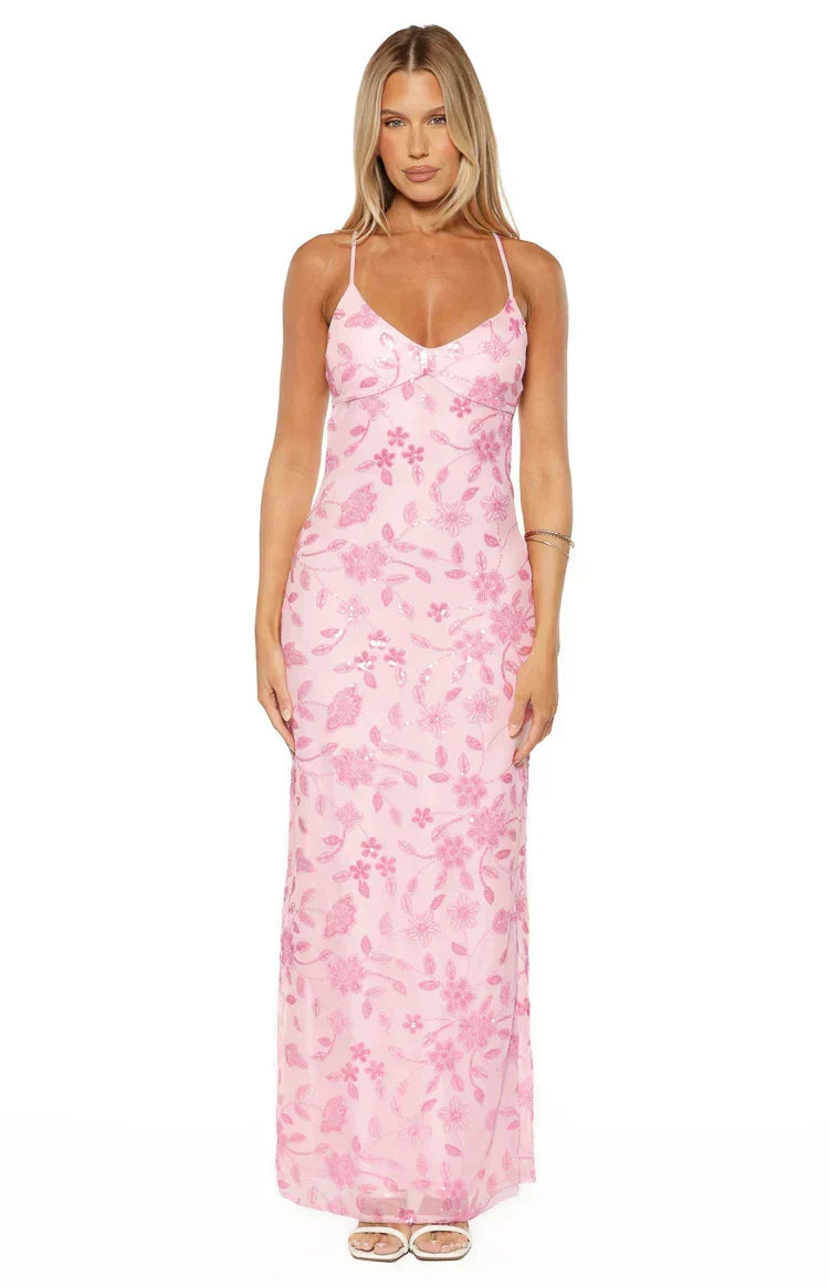 Floral Embellished Mesh V-Neck Spaghetti Strap Bodycon Maxi Dress 6