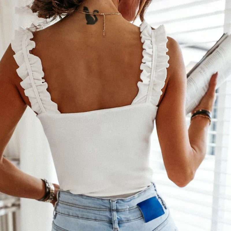 Women Collar Solid Knit Ribbed Slim Ruffless Tank Top