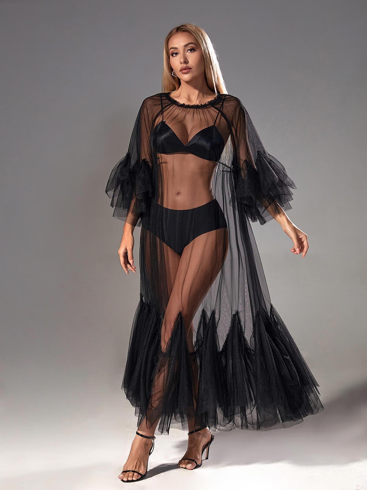 Sheer Mesh Tiered Ruffle Long Sleeve Maxi Gown
