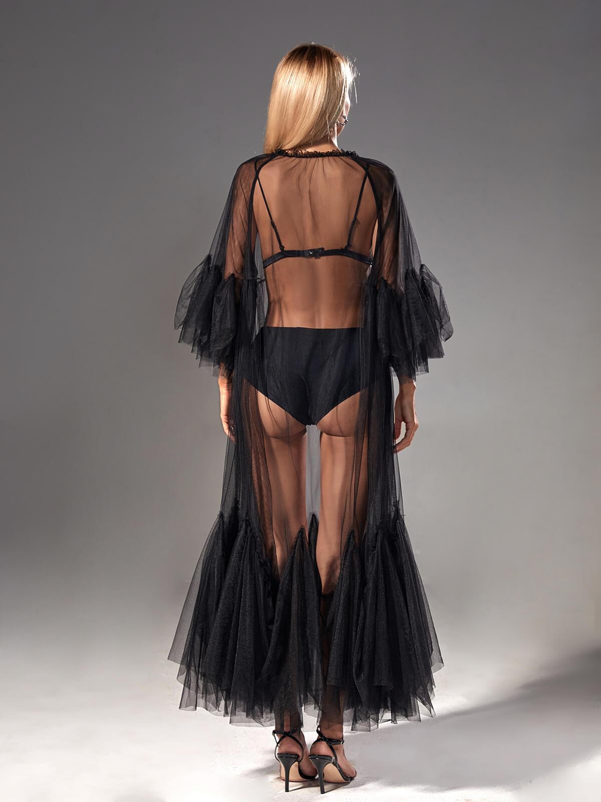 Sheer Mesh Tiered Ruffle Long Sleeve Maxi Gown