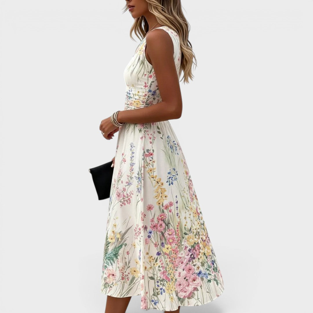 Floral Print Round Neck Sleeveless Ruched Waist Maxi Dress