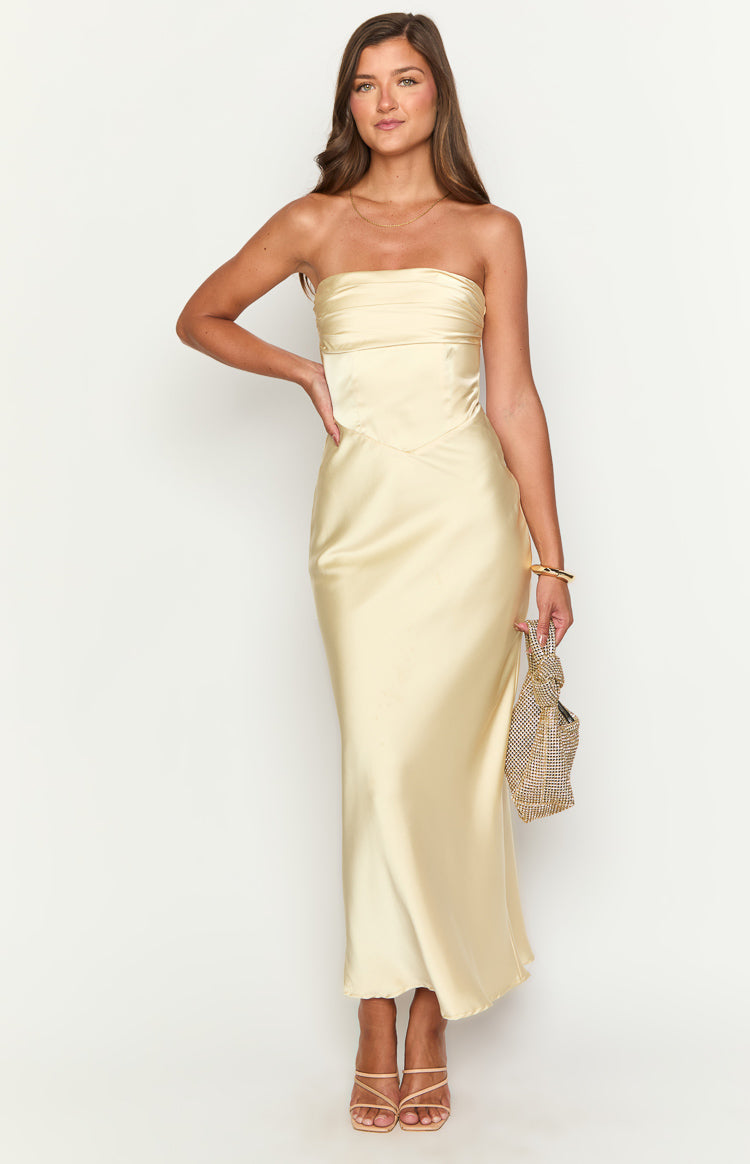 Satin Strapless Ruched Bust Corset Seam Bias Cut Maxi Dress 3