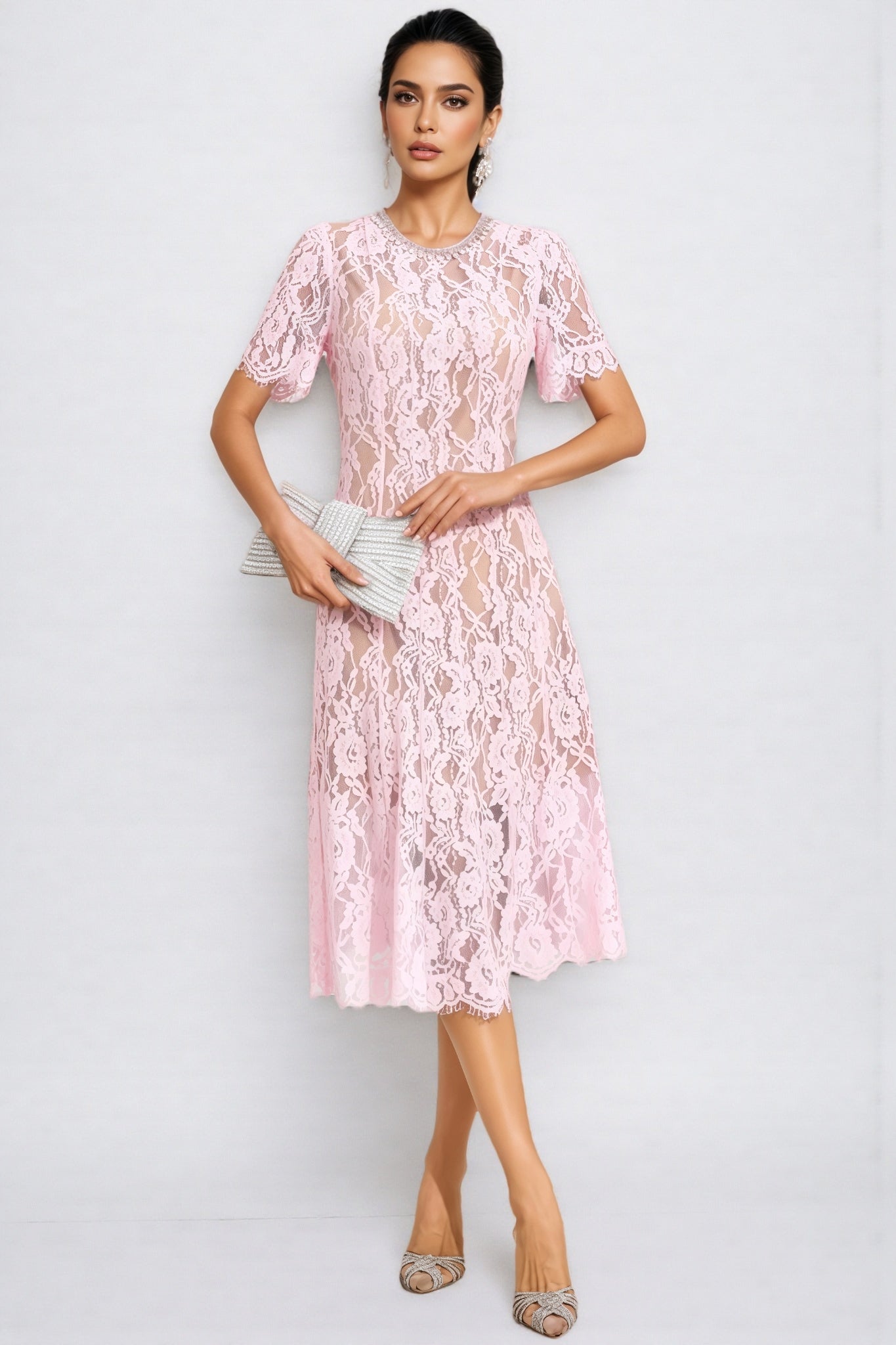 Nelia Pink Cut Out Lace Midi Dress - View 2