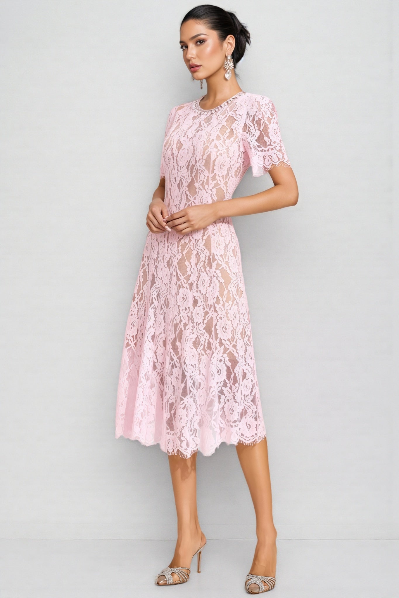 Nelia Pink Cut Out Lace Midi Dress - View 5