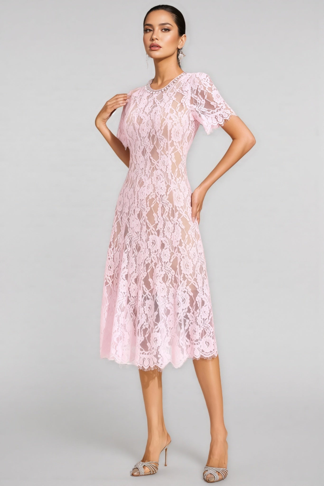 Nelia Pink Cut Out Lace Midi Dress - View 4