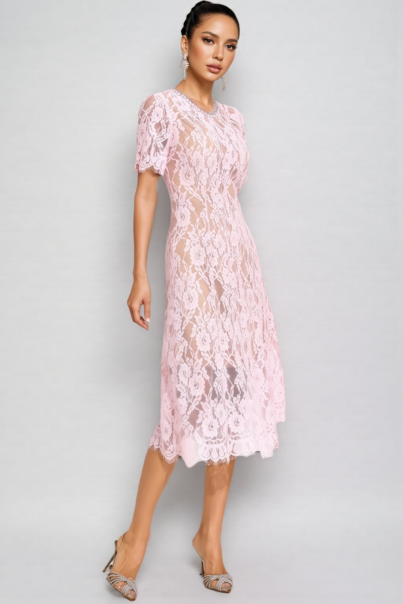 Nelia Pink Cut Out Lace Midi Dress - View 3