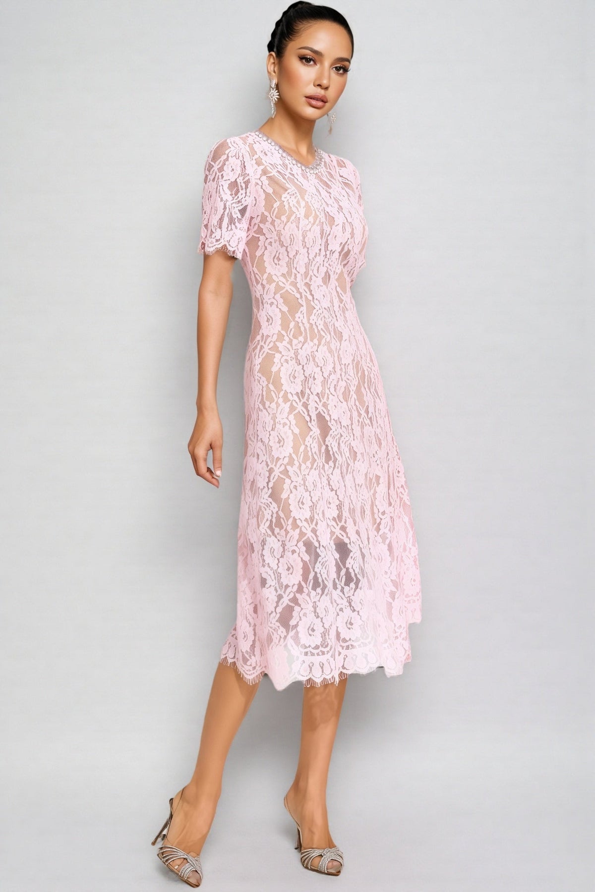 Sheer Floral Lace Round Neck Short Sleeve Scalloped Hem A-Line Midi Dress 3
