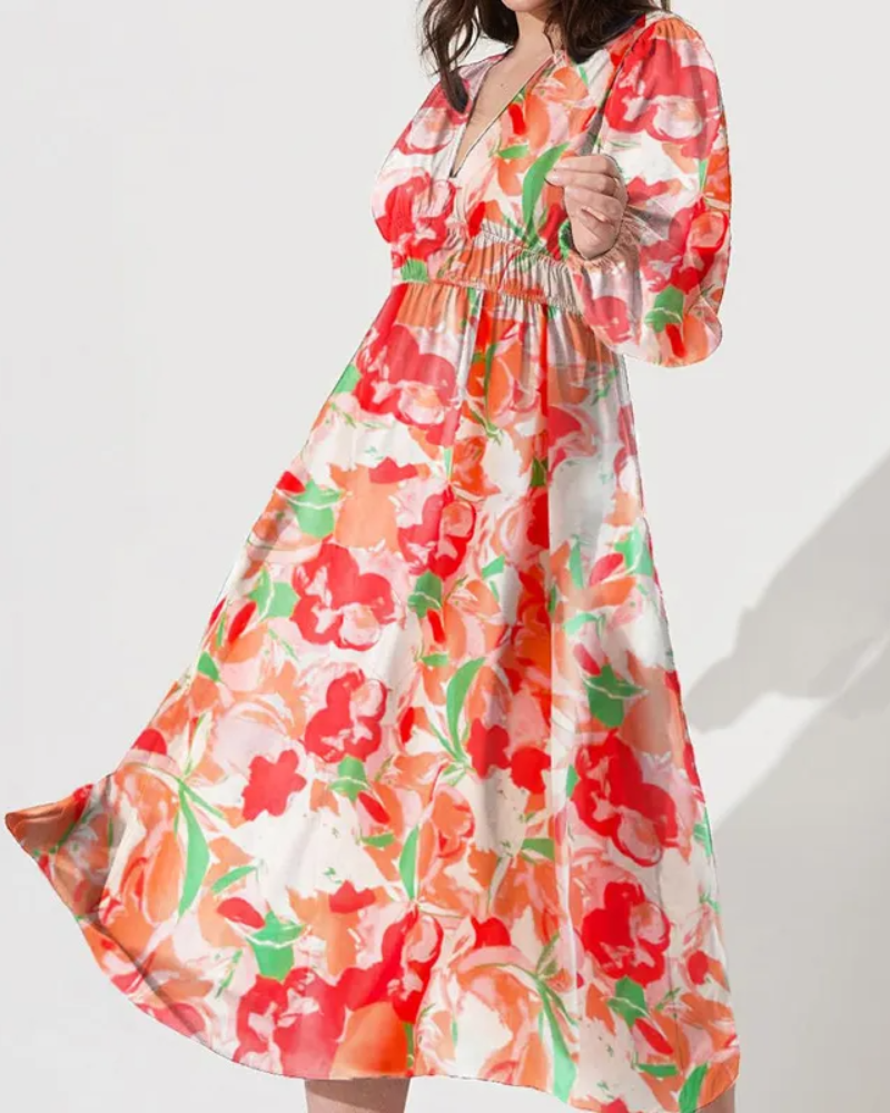 Floral Chiffon Deep V-Neck Long Sleeve Cut Out Maxi Dress 13