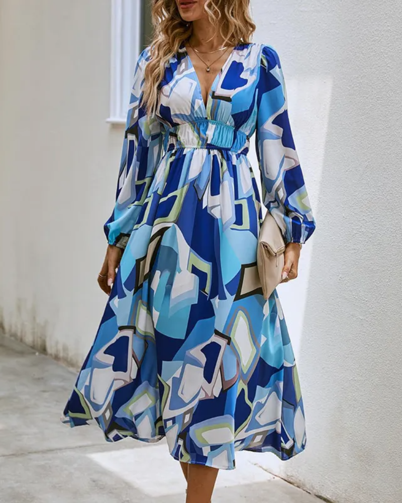 Floral Chiffon V-Neck Long Sleeve Ruched Waist Maxi Dress
