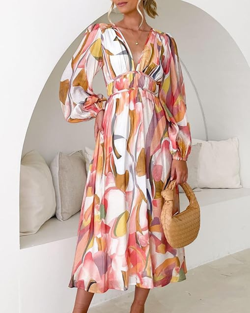 Floral Chiffon V-Neck Long Sleeve Ruched Waist Maxi Dress