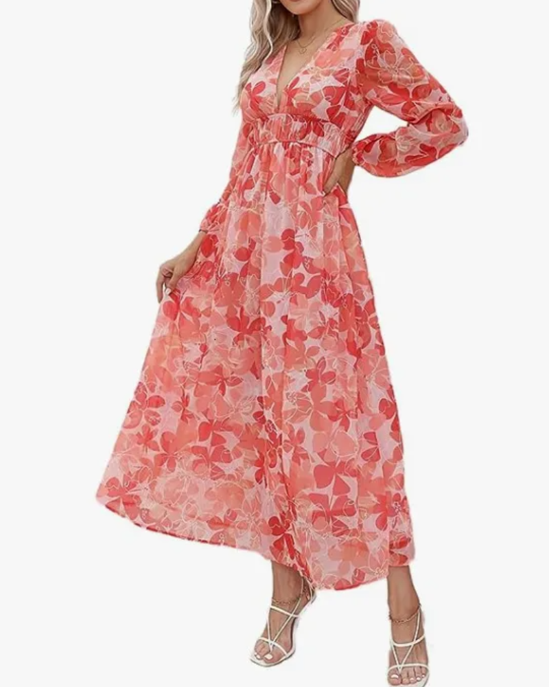 Floral Chiffon Deep V-Neck Long Sleeve Cut Out Maxi Dress 11