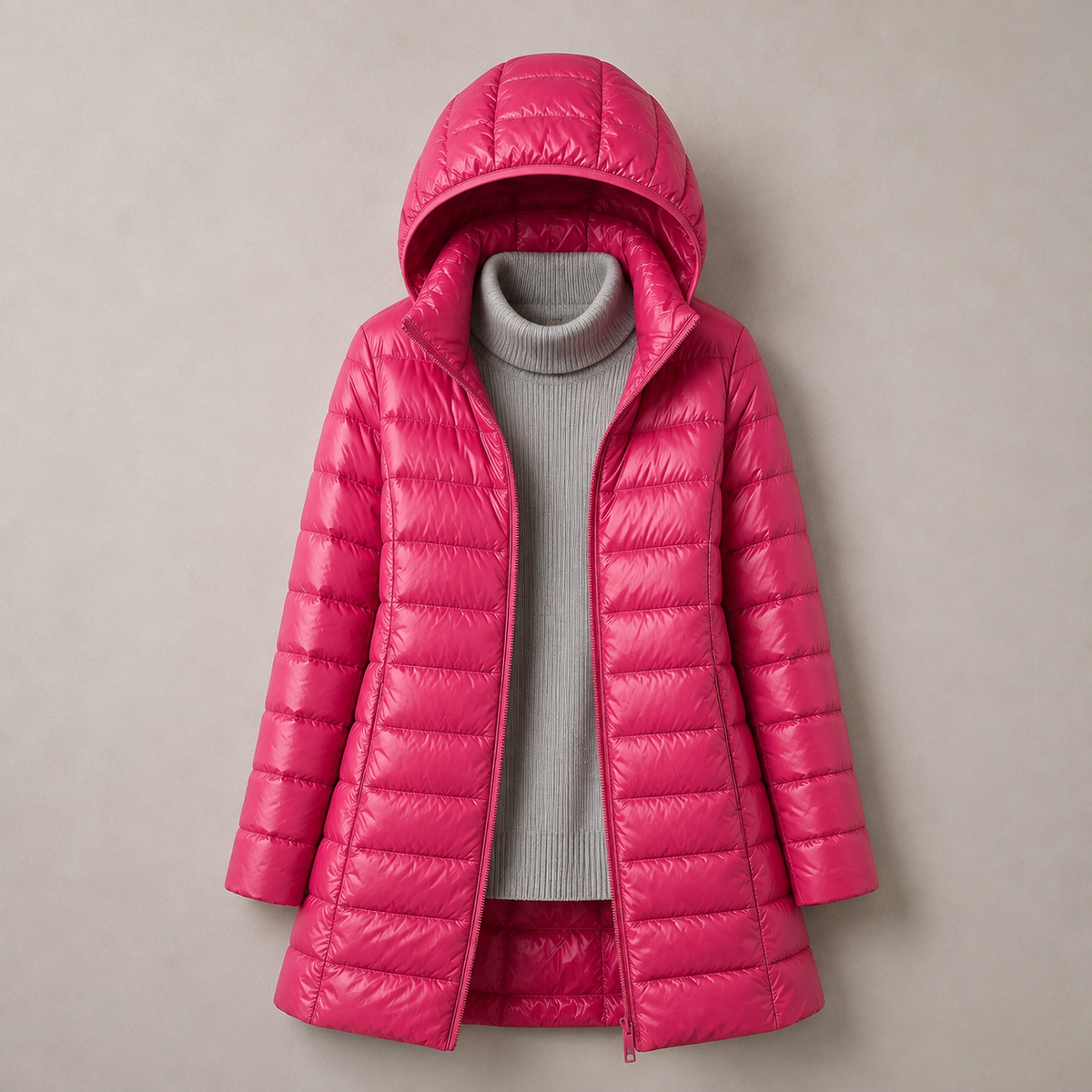 Hooded Zip Front Longline Lightweight Puffer Coat