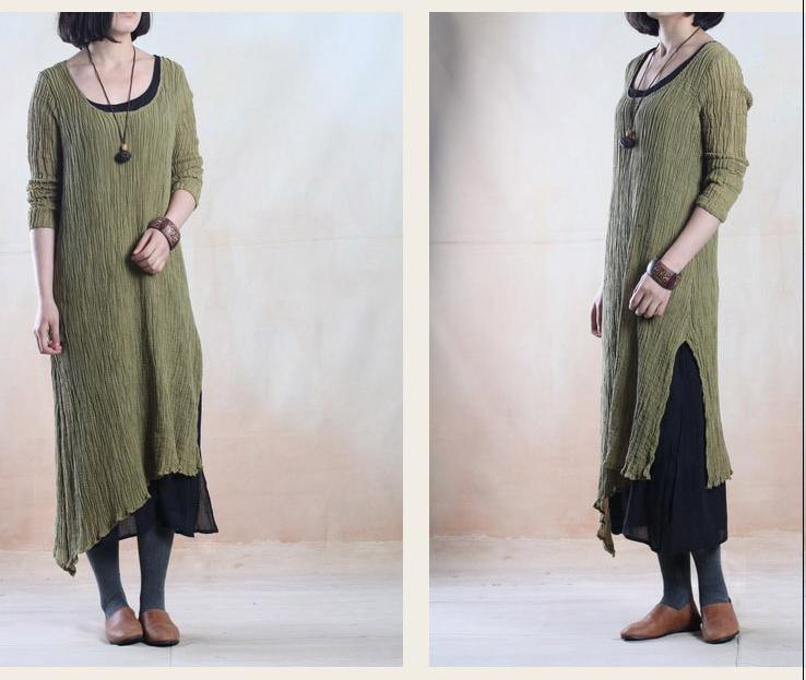 Tea green simple pleated linen maxi dress oversize linen dresses