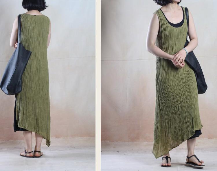 Tea green unique linen maxi dress Asymmetric casual linen dress