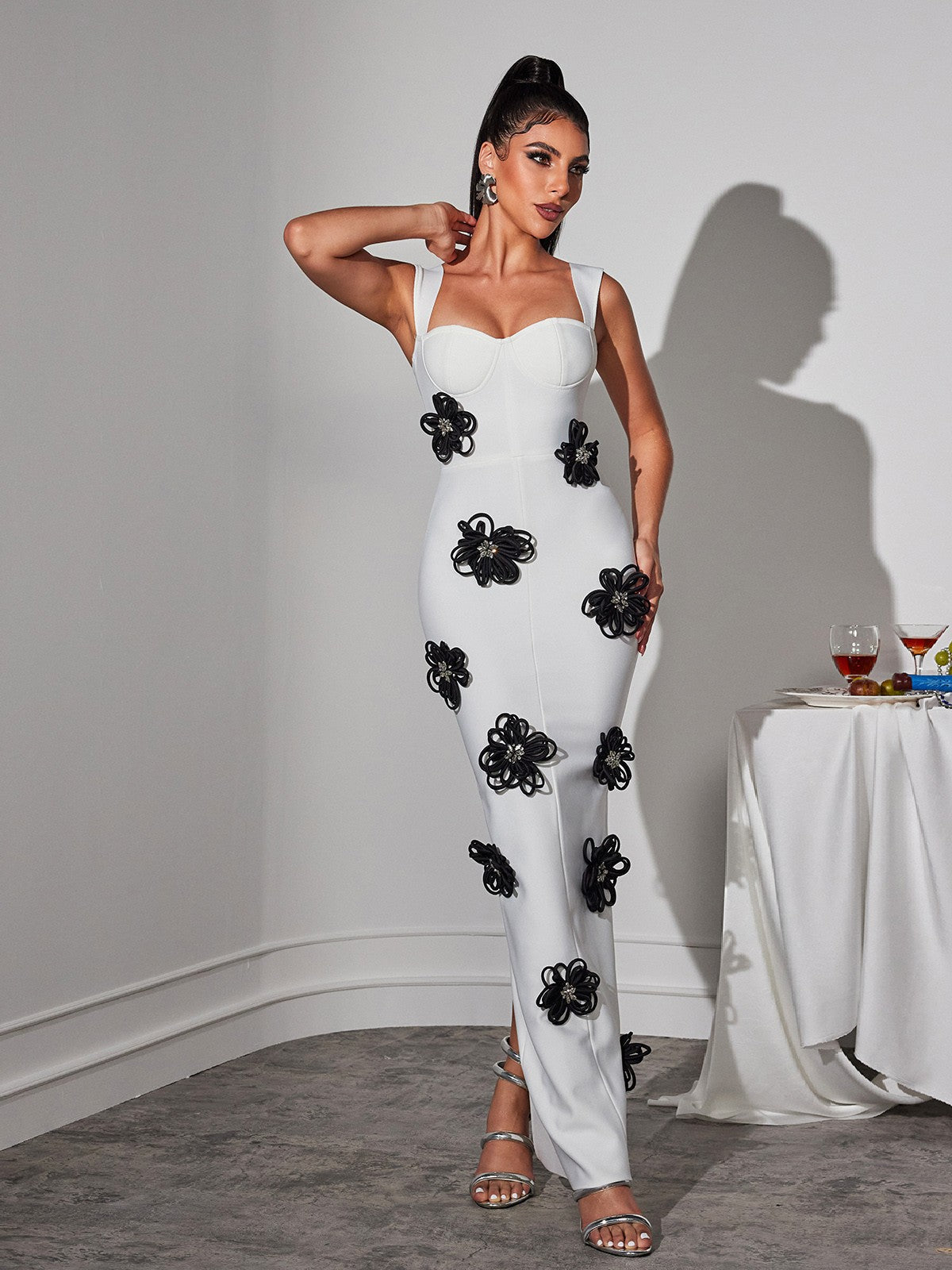 Bandage Sweetheart 3D Flower High Split Mermaid Maxi Dress