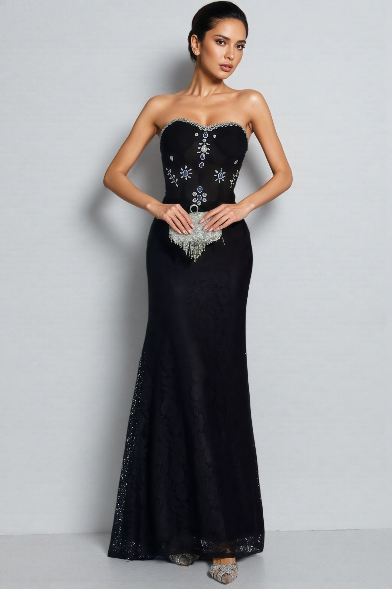 Crystal Embellished Strapless Sweetheart Mermaid Jacquard Hem Maxi Gown