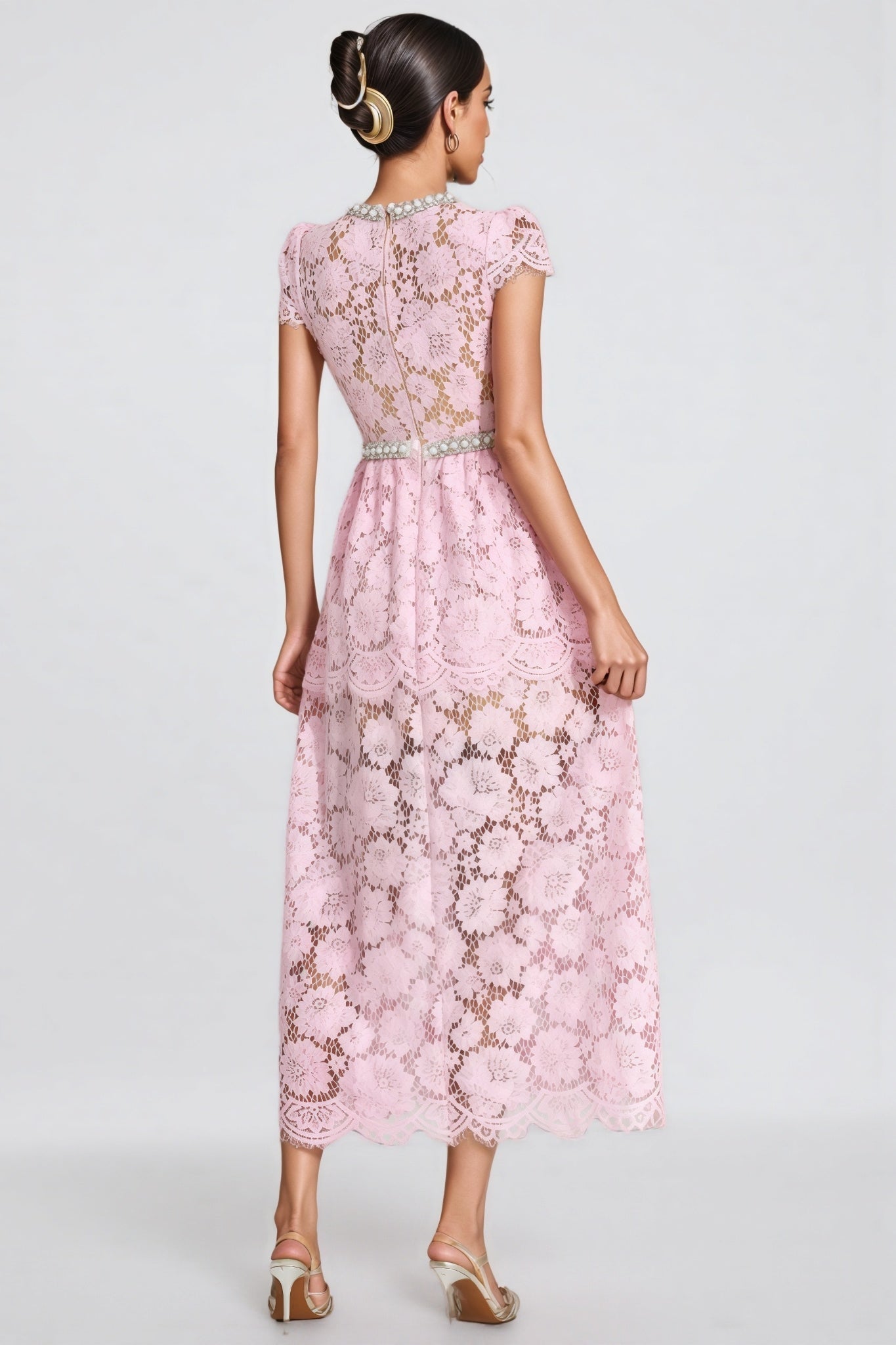 Pearl Trim Crew Neck Cap Sleeve Tiered Peplum Lace Maxi Gown