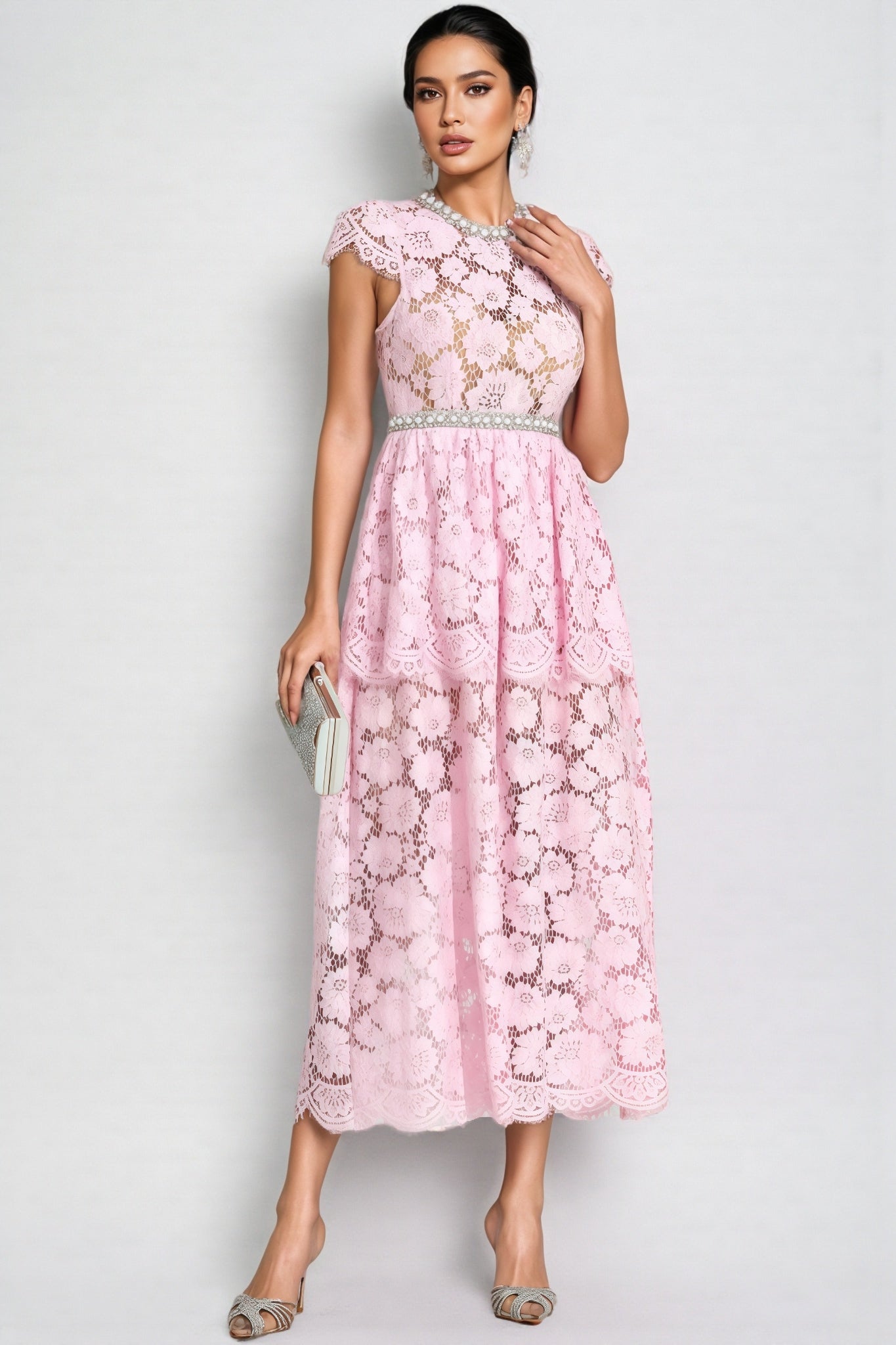 Pearl Trim Crew Neck Cap Sleeve Tiered Peplum Lace Maxi Gown