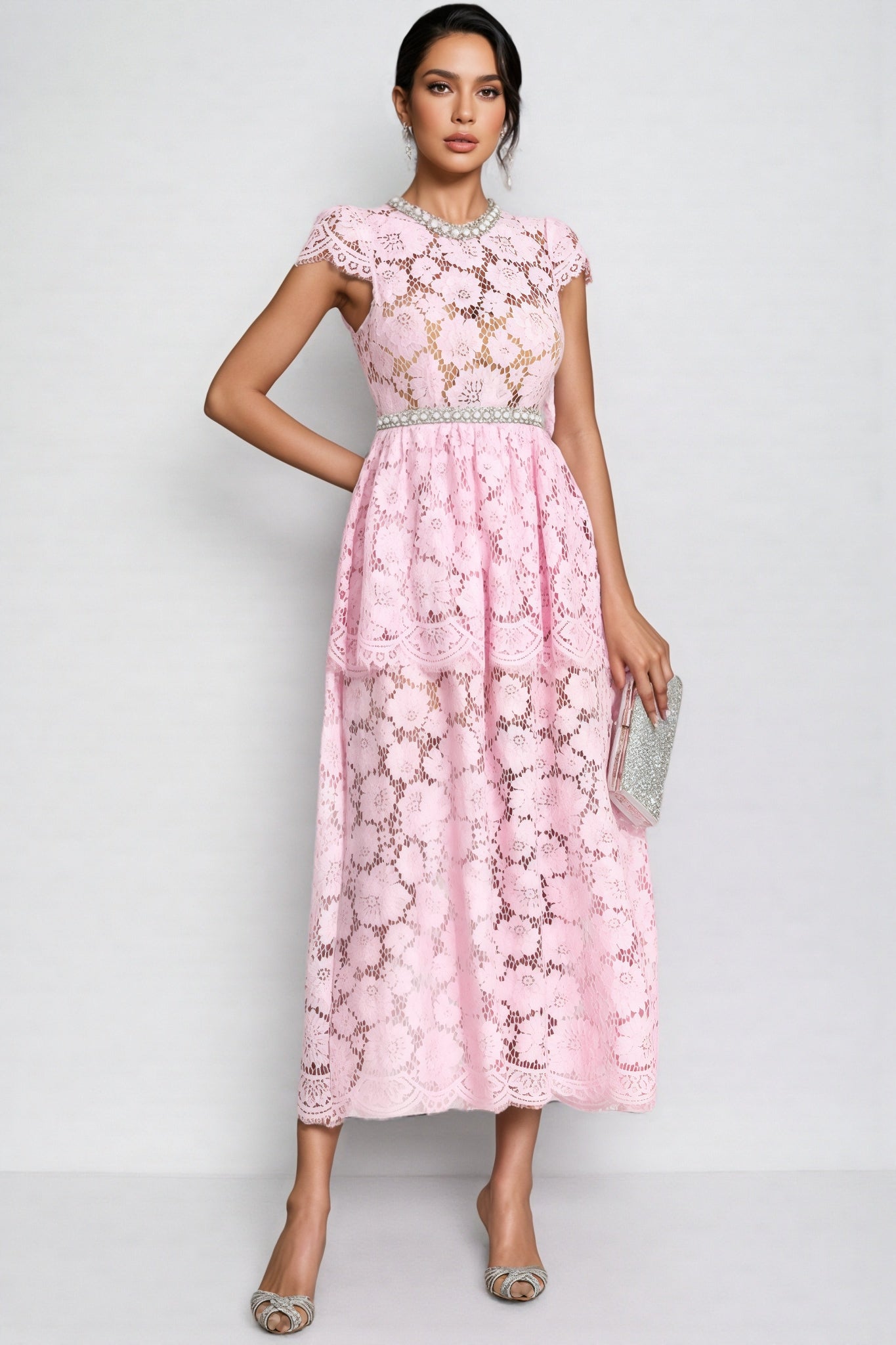 Pearl Trim Crew Neck Cap Sleeve Tiered Peplum Lace Maxi Gown