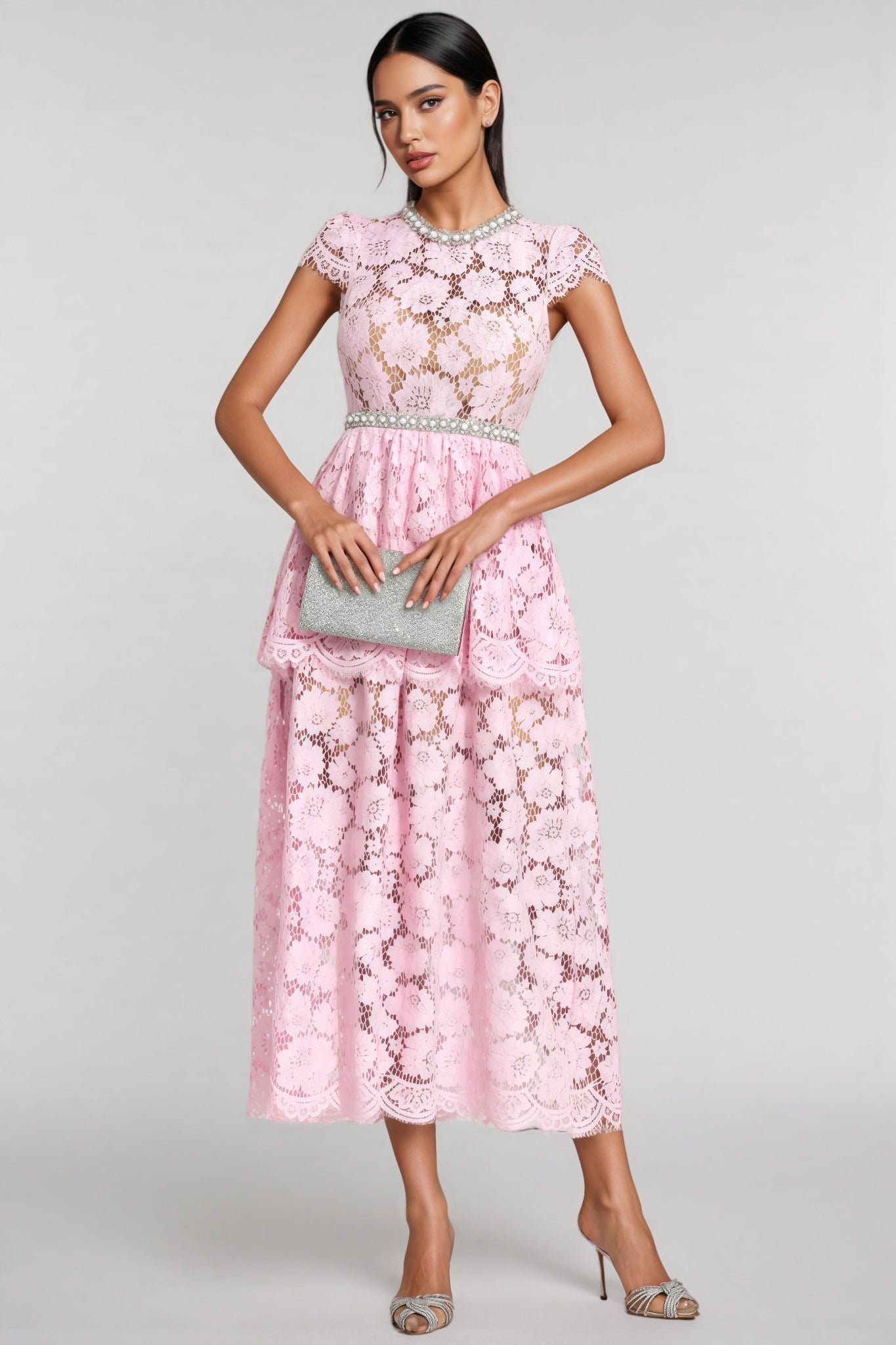 Pearl Trim Crew Neck Cap Sleeve Tiered Peplum Lace Maxi Gown