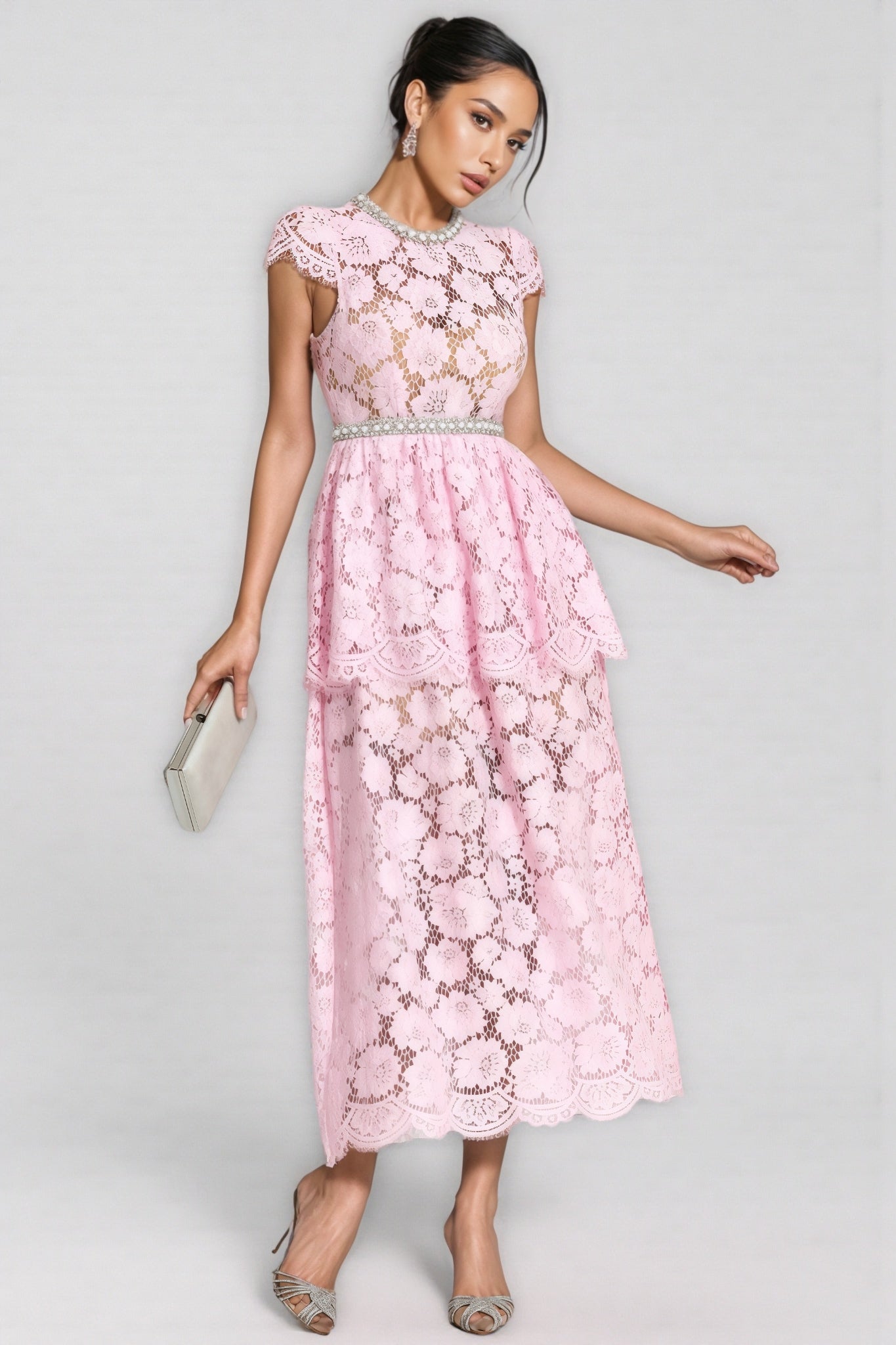 Pearl Trim Crew Neck Cap Sleeve Tiered Peplum Lace Maxi Gown