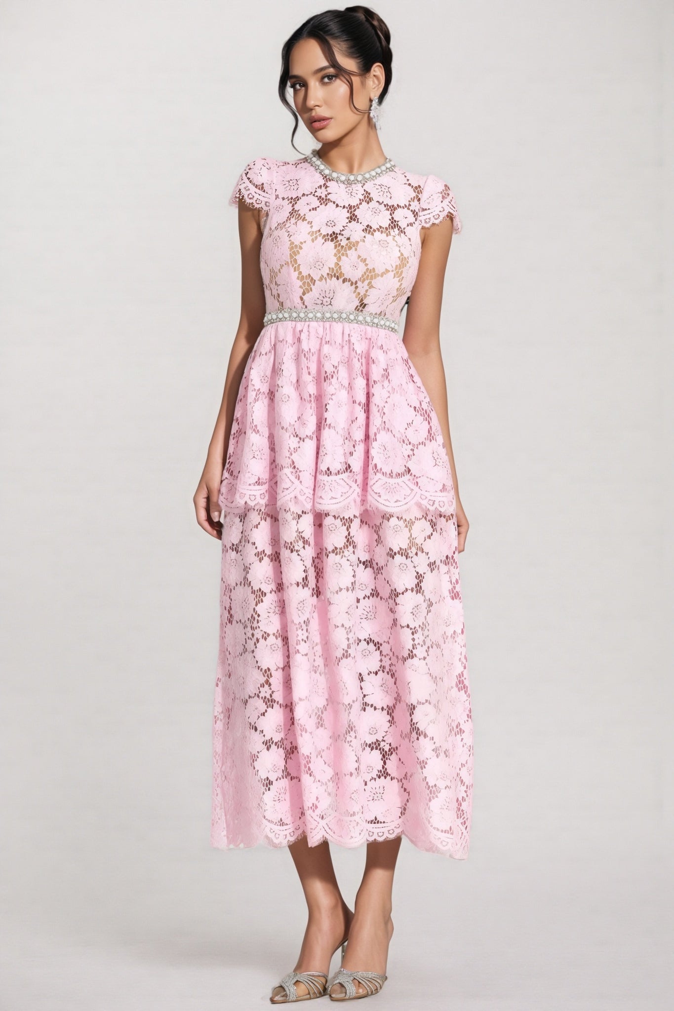 Pearl Trim Crew Neck Cap Sleeve Tiered Peplum Lace Maxi Gown