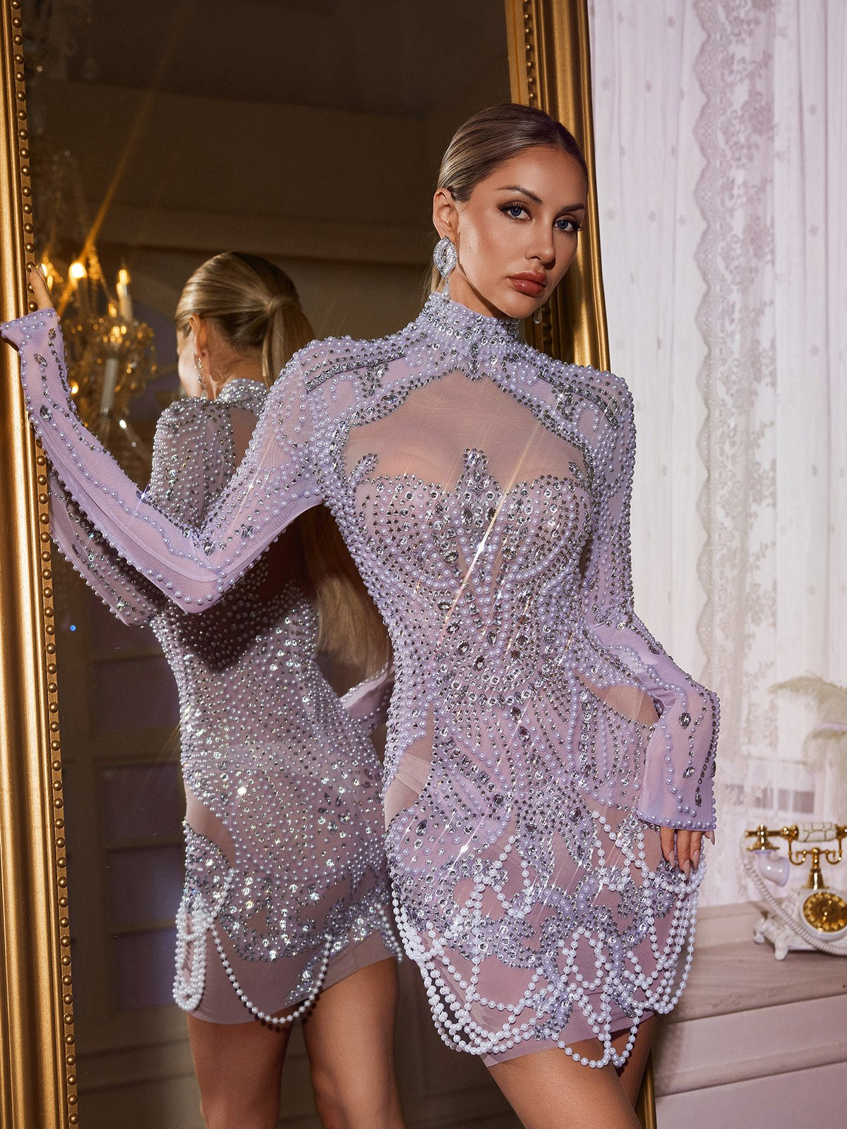 Mock Neck Long Sleeve Faux Pearl Beaded Sheer Mesh Mini Dress