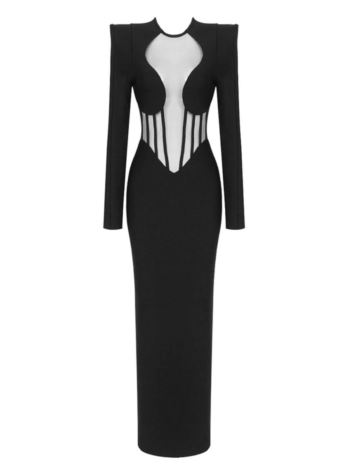 Long Sleeve Keyhole Cut Out Mesh Corset Panel Bandage Maxi Gown
