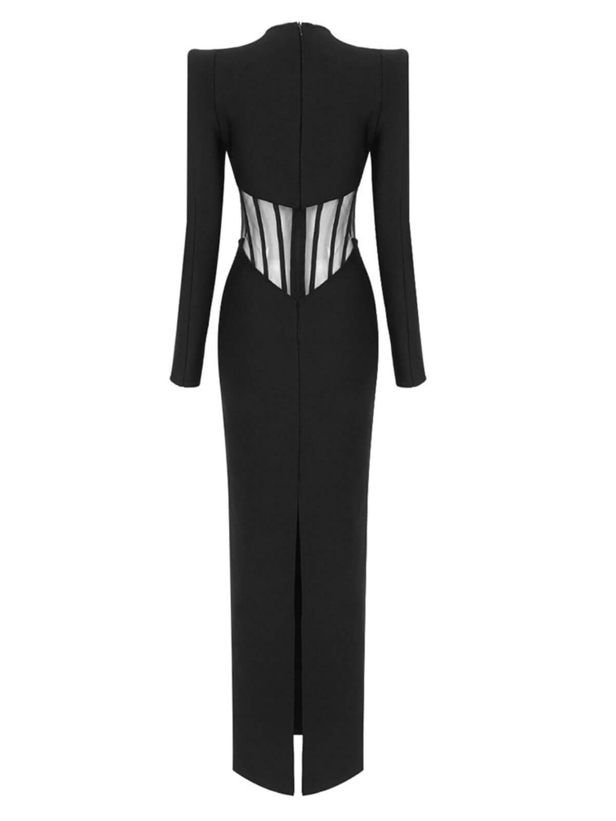 Long Sleeve Keyhole Cut Out Mesh Corset Panel Bandage Maxi Gown
