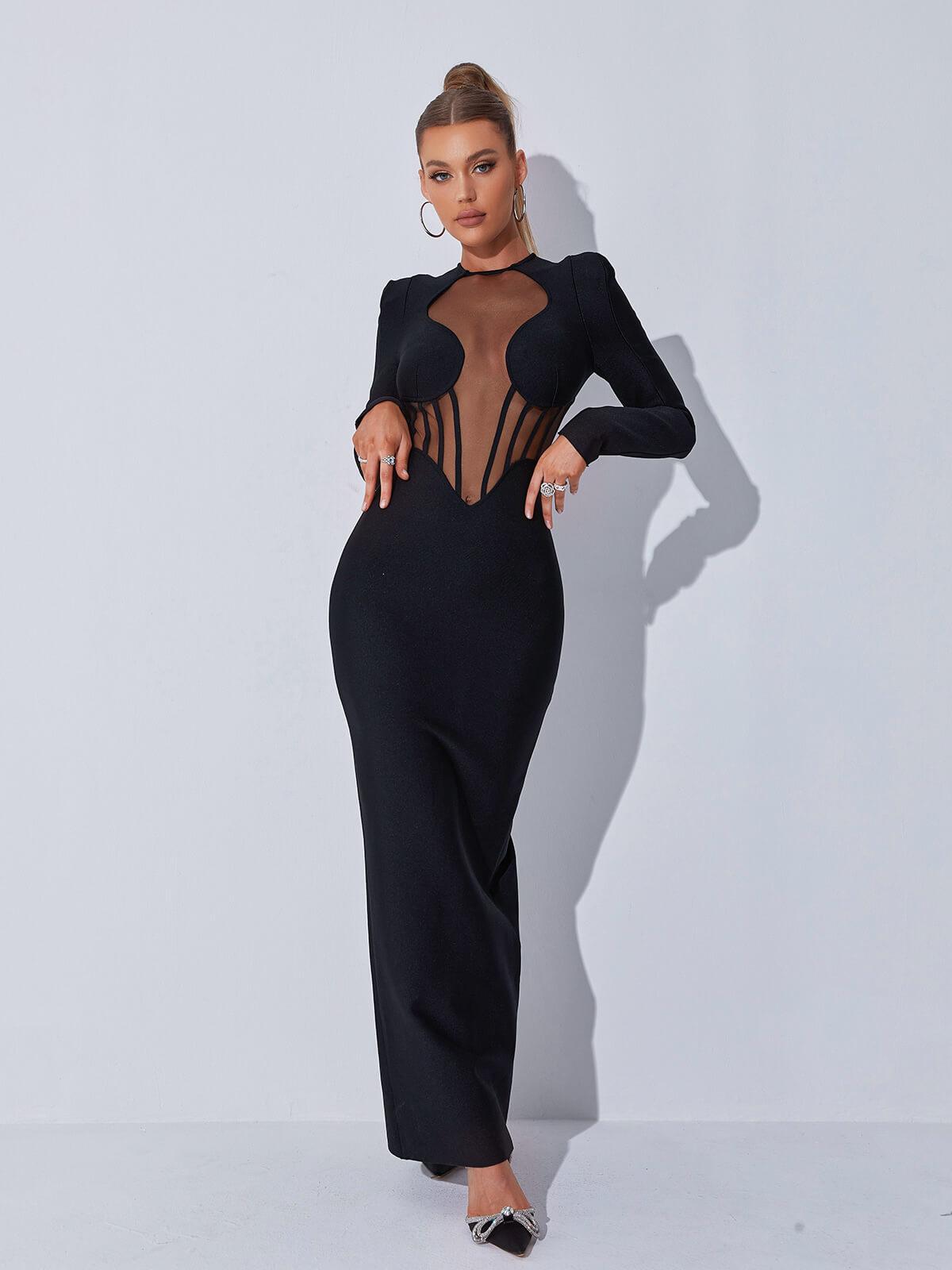 Long Sleeve Keyhole Cut Out Mesh Corset Panel Bandage Maxi Gown