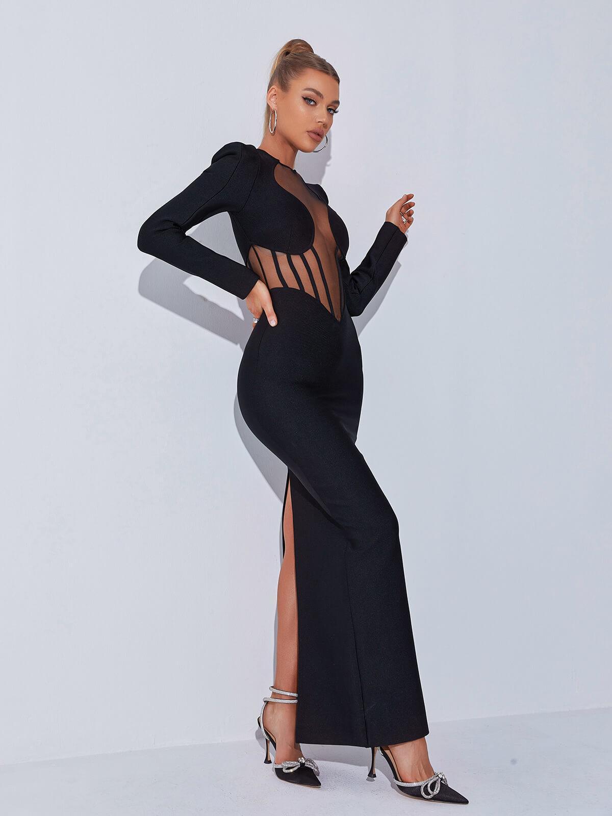 Long Sleeve Keyhole Cut Out Mesh Corset Panel Bandage Maxi Gown