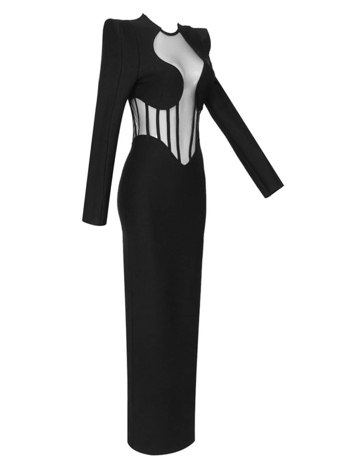 Long Sleeve Keyhole Cut Out Mesh Corset Panel Bandage Maxi Gown