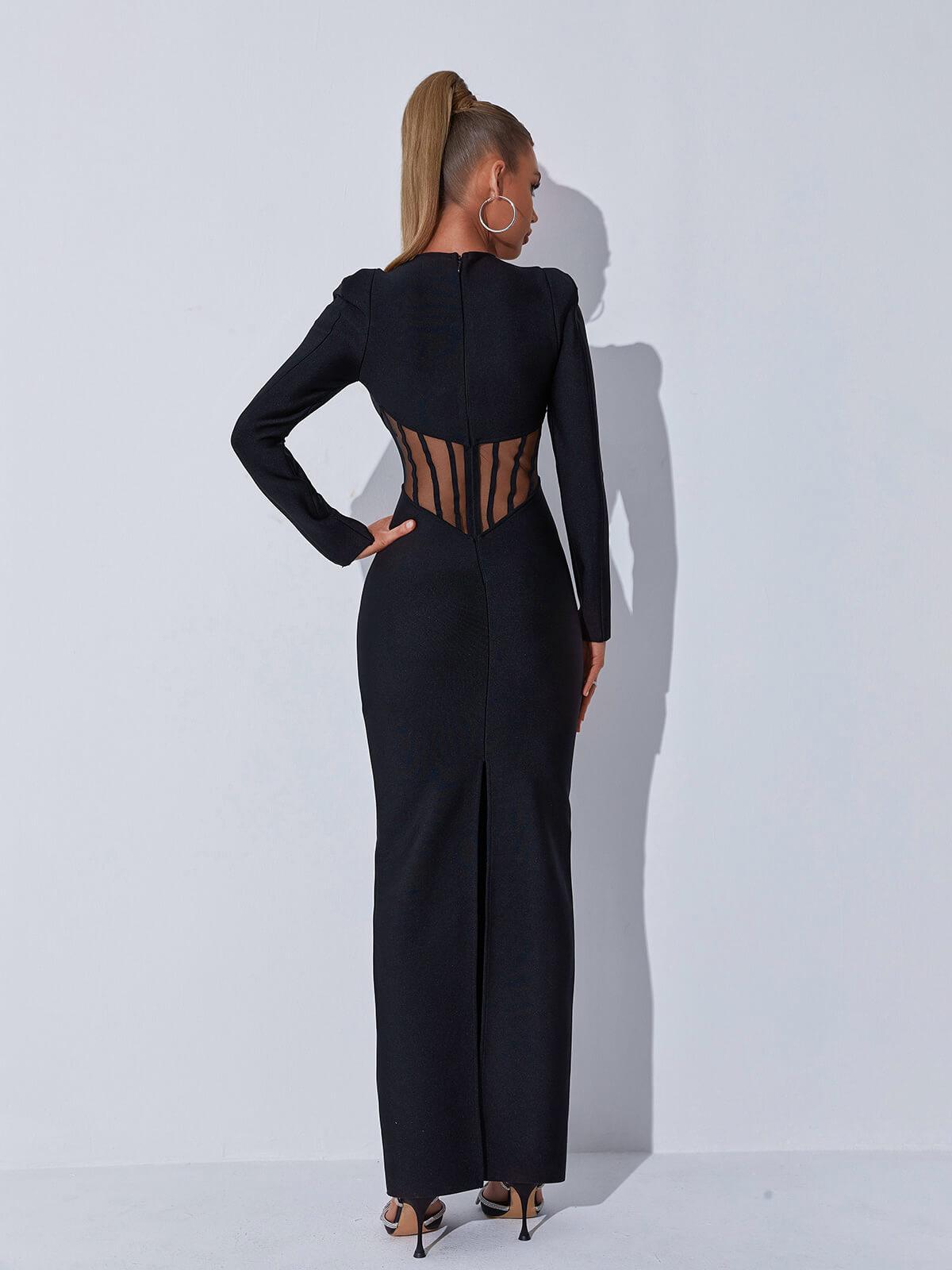 Long Sleeve Keyhole Cut Out Mesh Corset Panel Bandage Maxi Gown