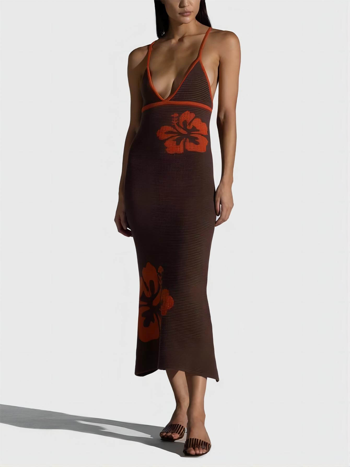 Backless Halter-Neck Deep V-Neck Midi Dress