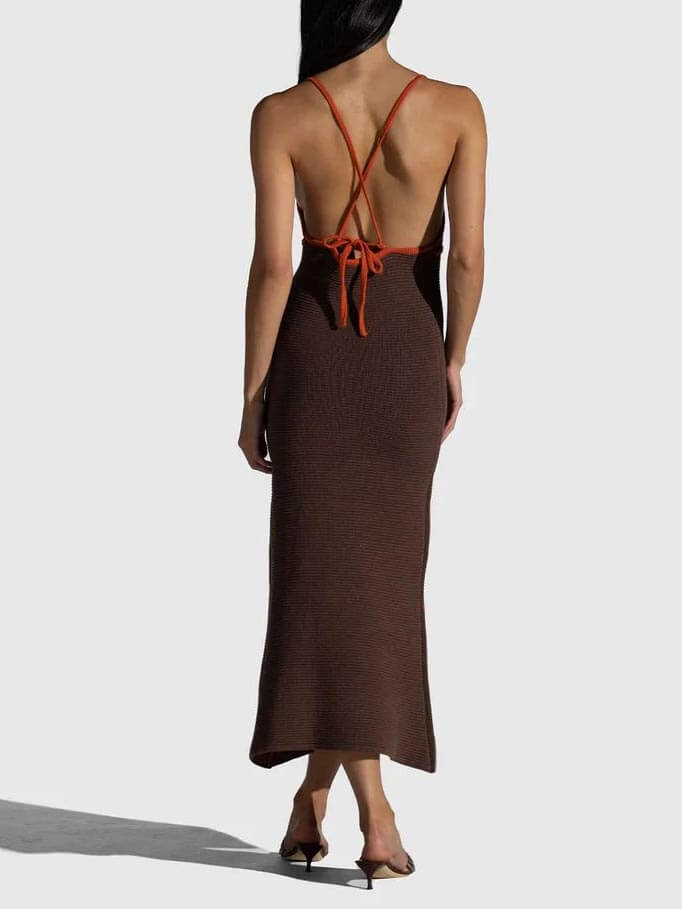 Backless Halter-Neck Deep V-Neck Midi Dress