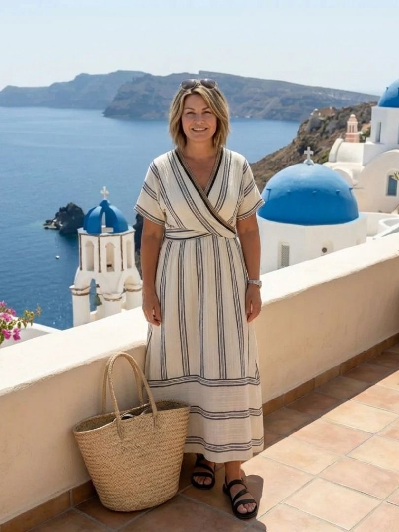 Striped V-Neck Short Sleeve Wrap Waist Midi Dress