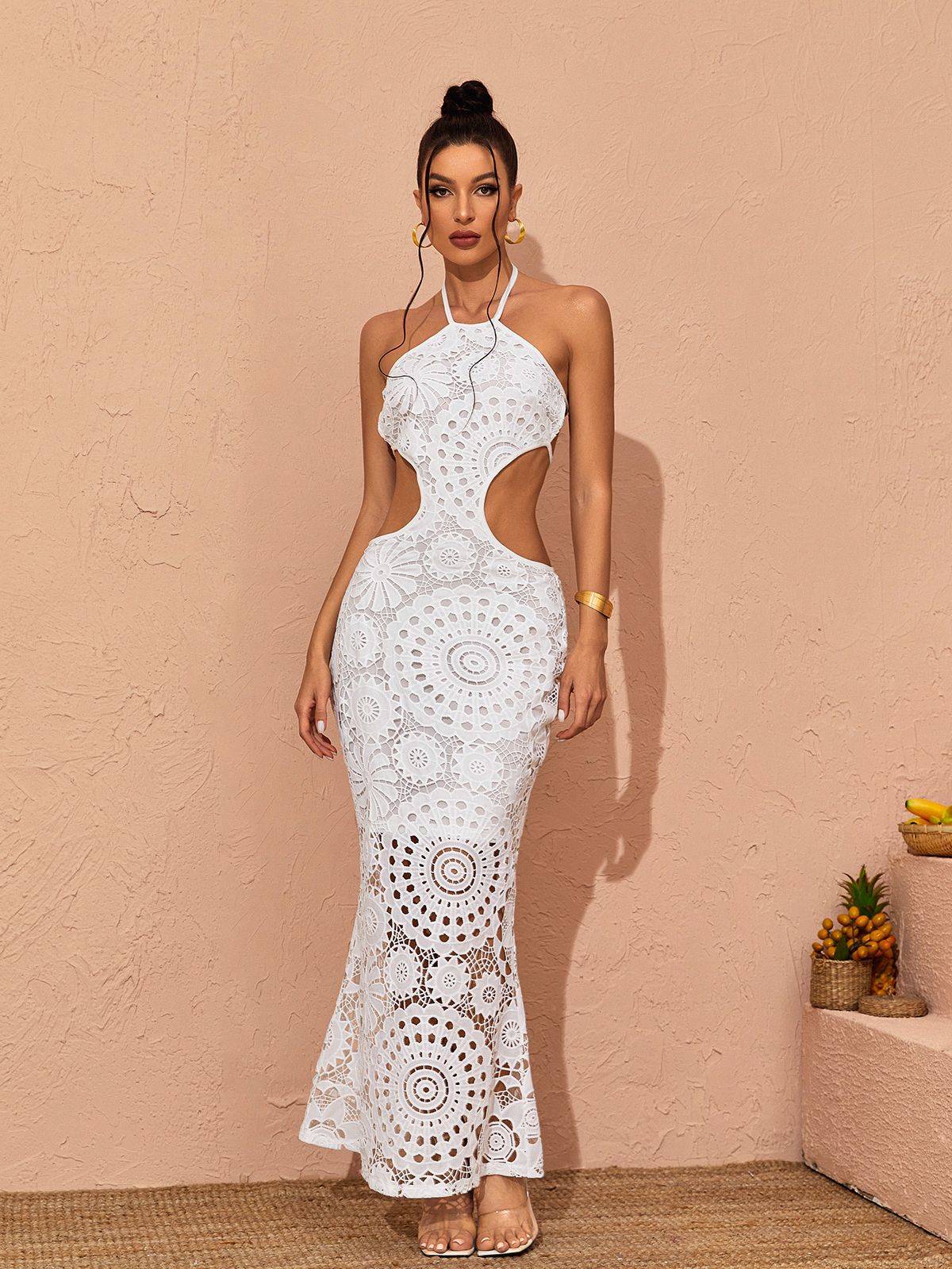 Crochet Lace Halter Neck Side Cut Out Mermaid Maxi Dress