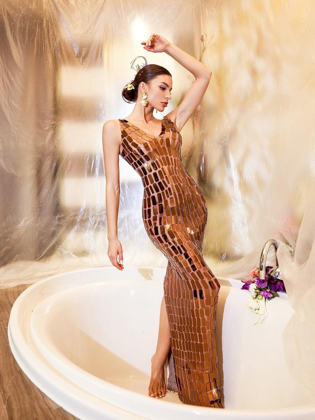 V Neck Acrylic Mesh Maxi Dress - View 3