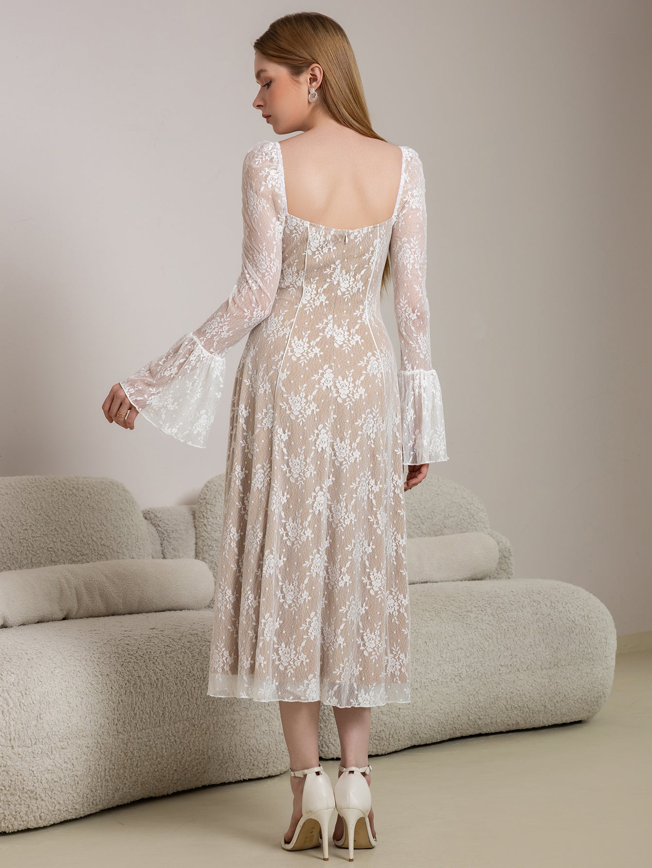 Lace Square Neck Corset Tie Front Bell Sleeve Milkmaid Midi Dress