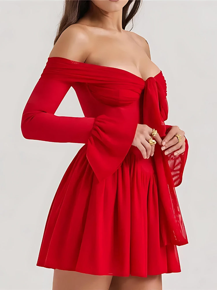 Strapless Tie Front Corset Ruffle Sleeve Mini Party Dress