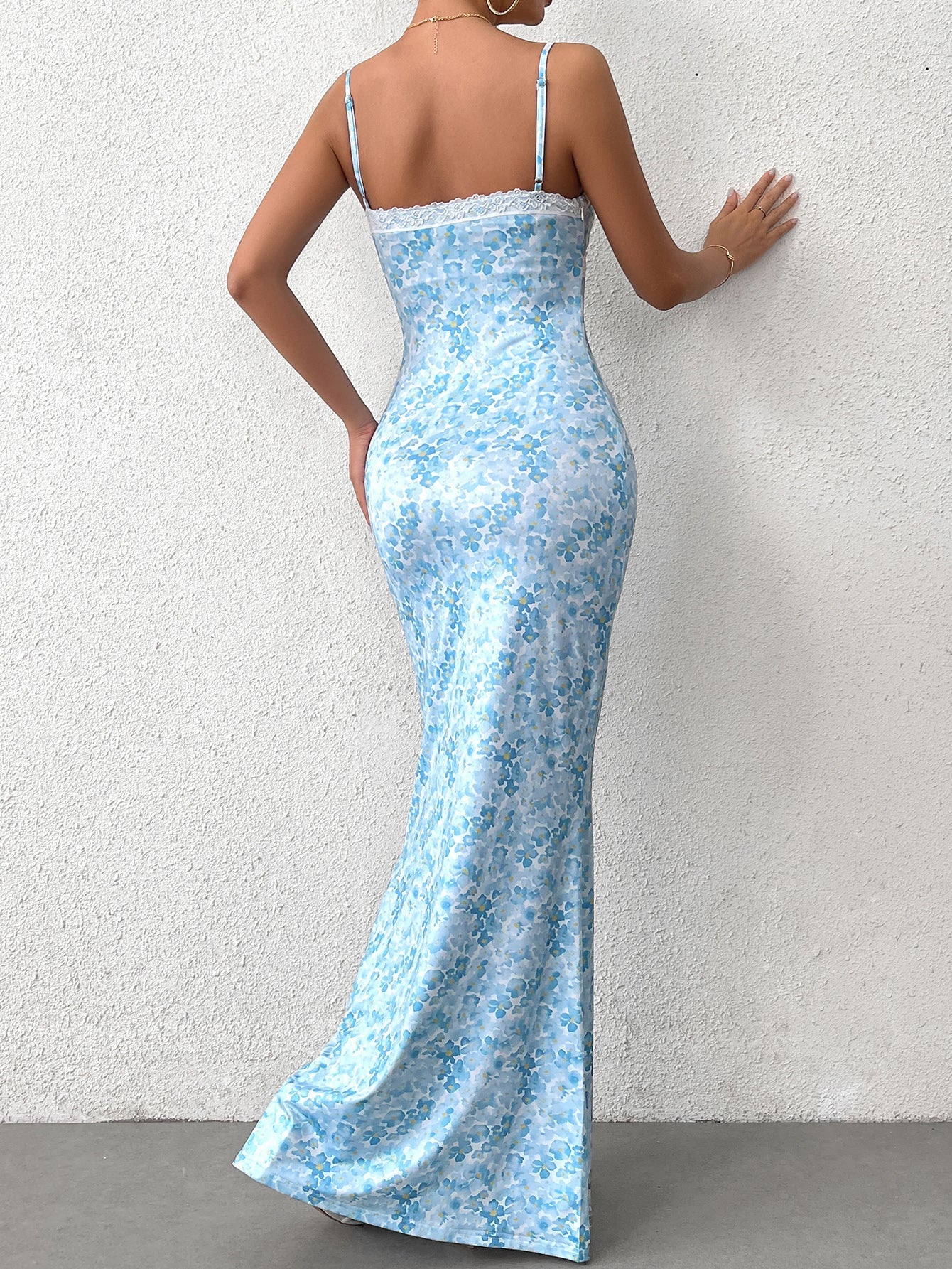 Tie Front V-Neck Lace Spliced Floral Print Mermaid Dress - View 6