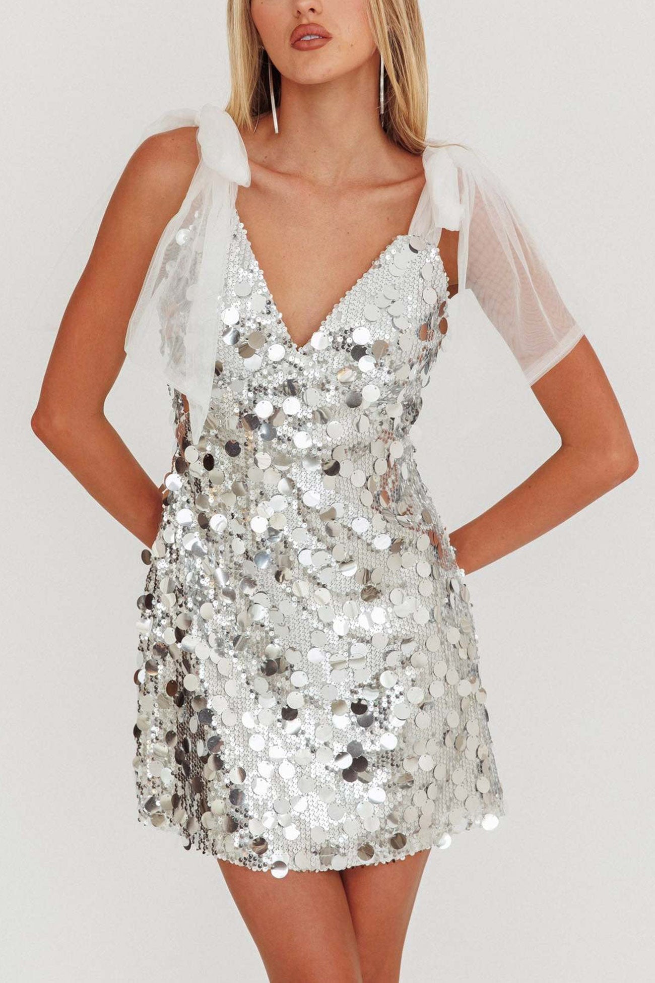 Sequin V-Neck Tie Strap A-Line Mini Party Dress