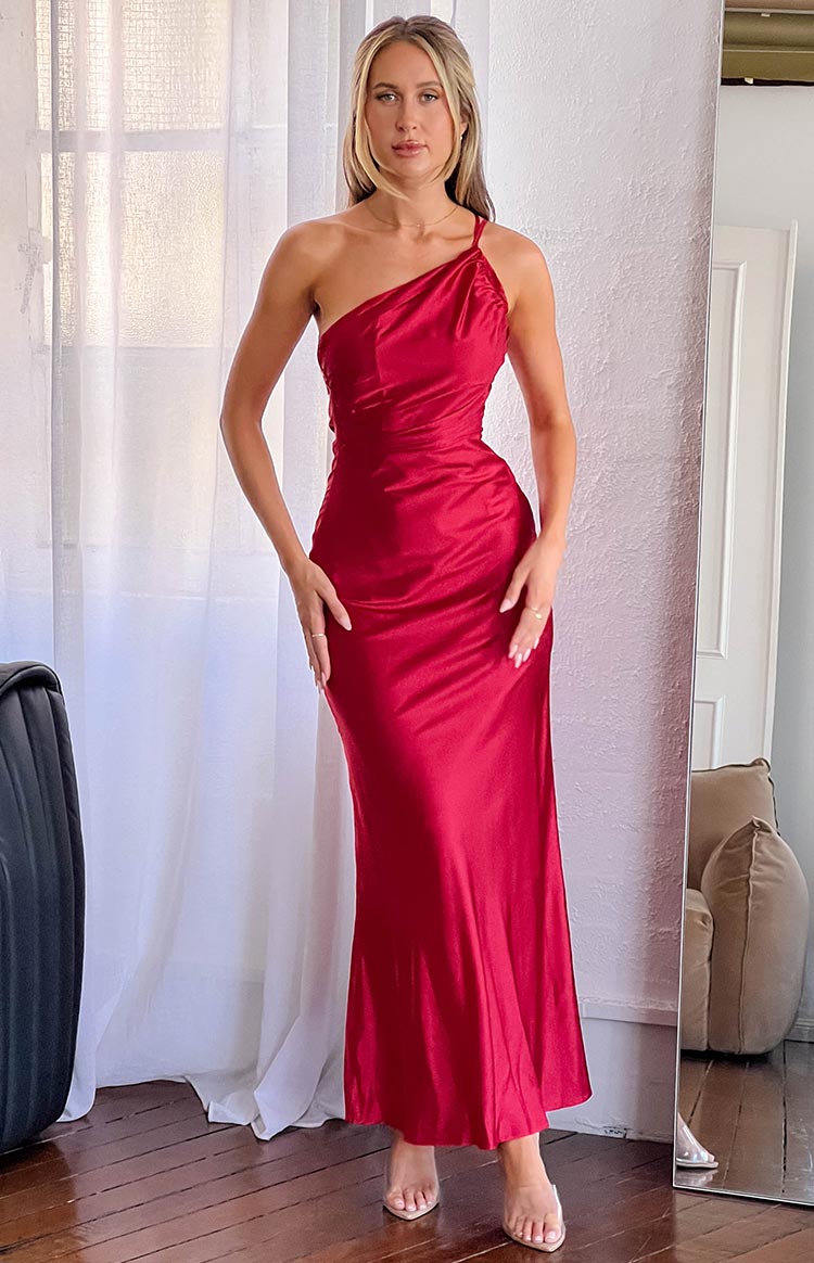Satin One Shoulder Ruched Bodice Formal Maxi Dress