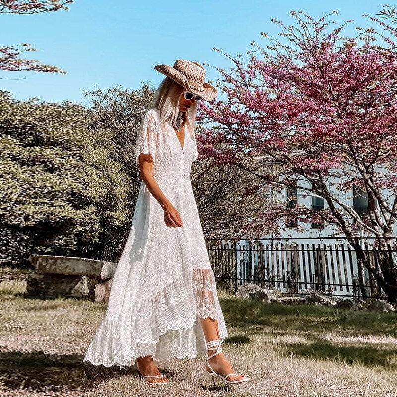 Lace Button Down Flutter Sleeve High Low Ruffle Hem Maxi Dress